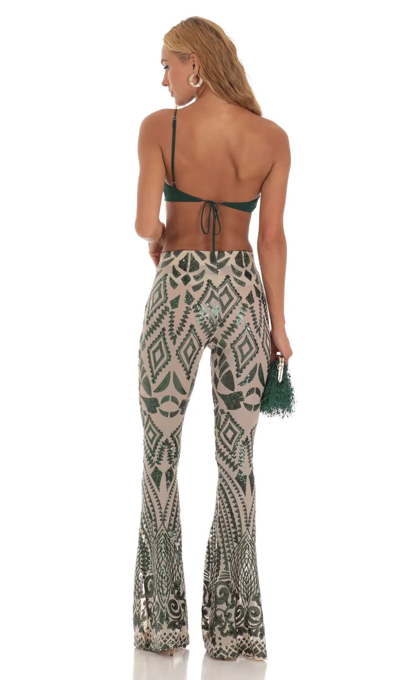 Sequin One Shoulder Two Piece Set in Green