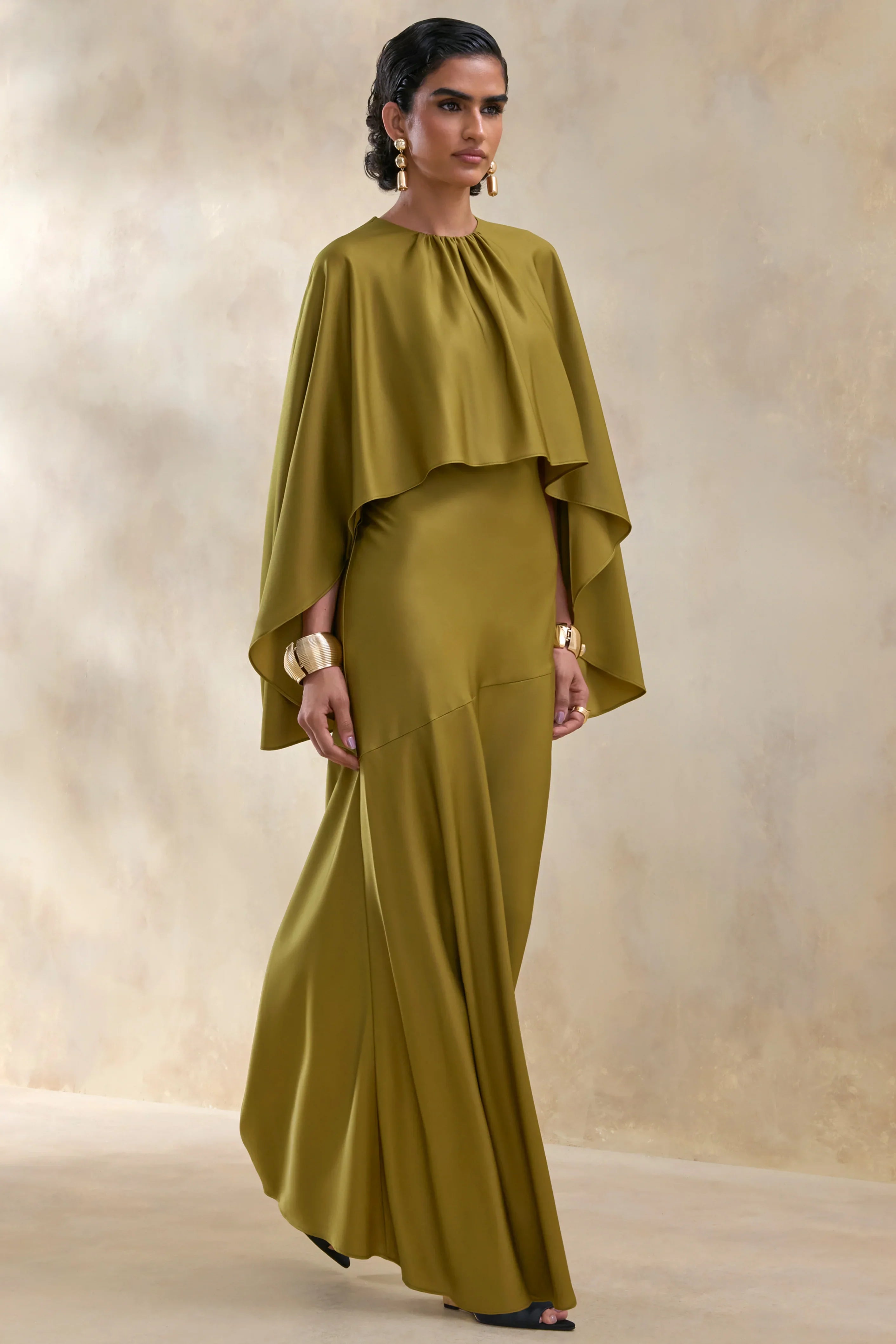 Vanthea Olive Satin Round Neck Maxi Dress With Cape Sleeves