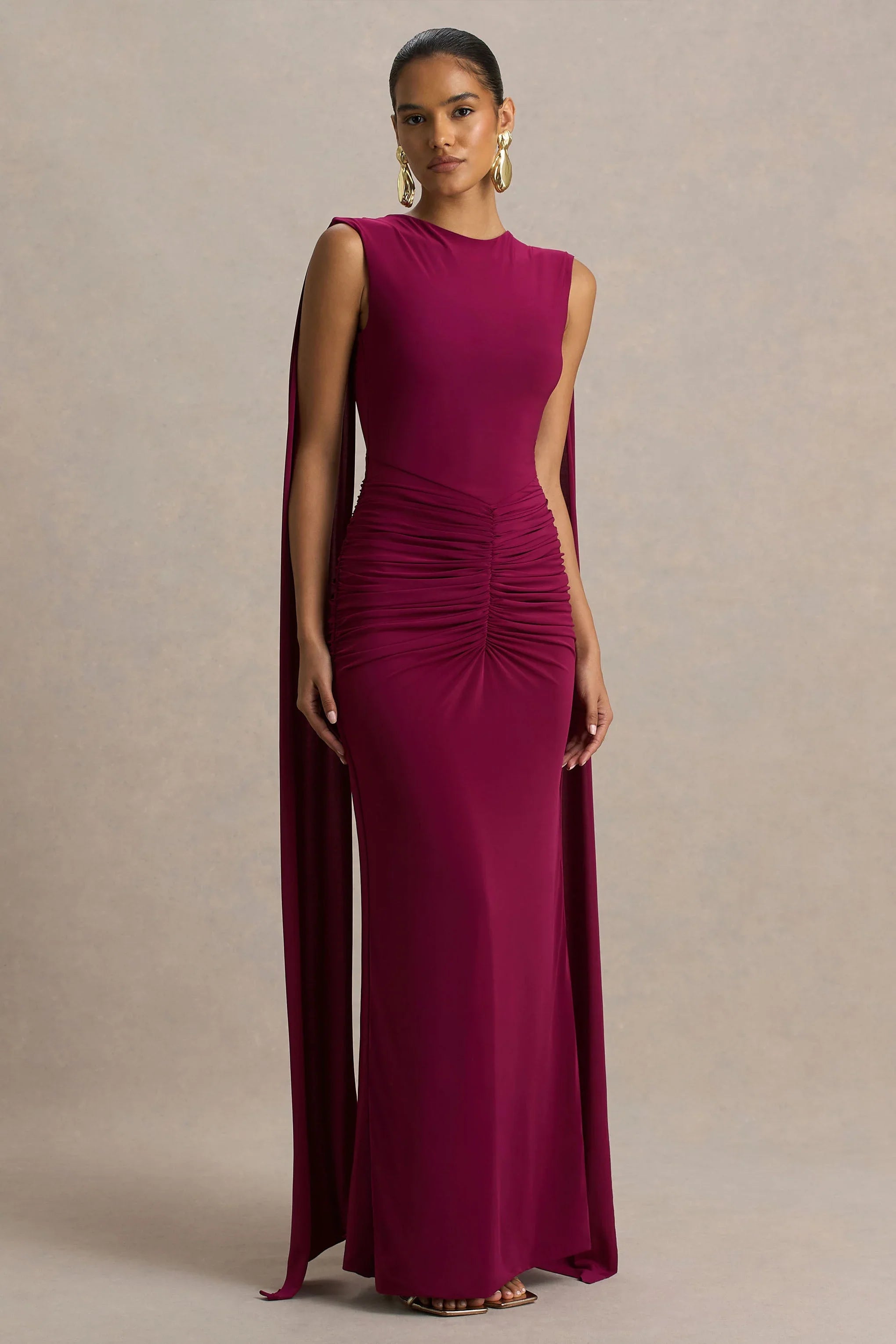 Premiere Burgundy Boat Neck Maxi Dress With Open Back And Cape Sleeves