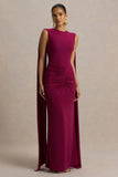 Premiere Burgundy Boat Neck Maxi Dress With Open Back And Cape Sleeves
