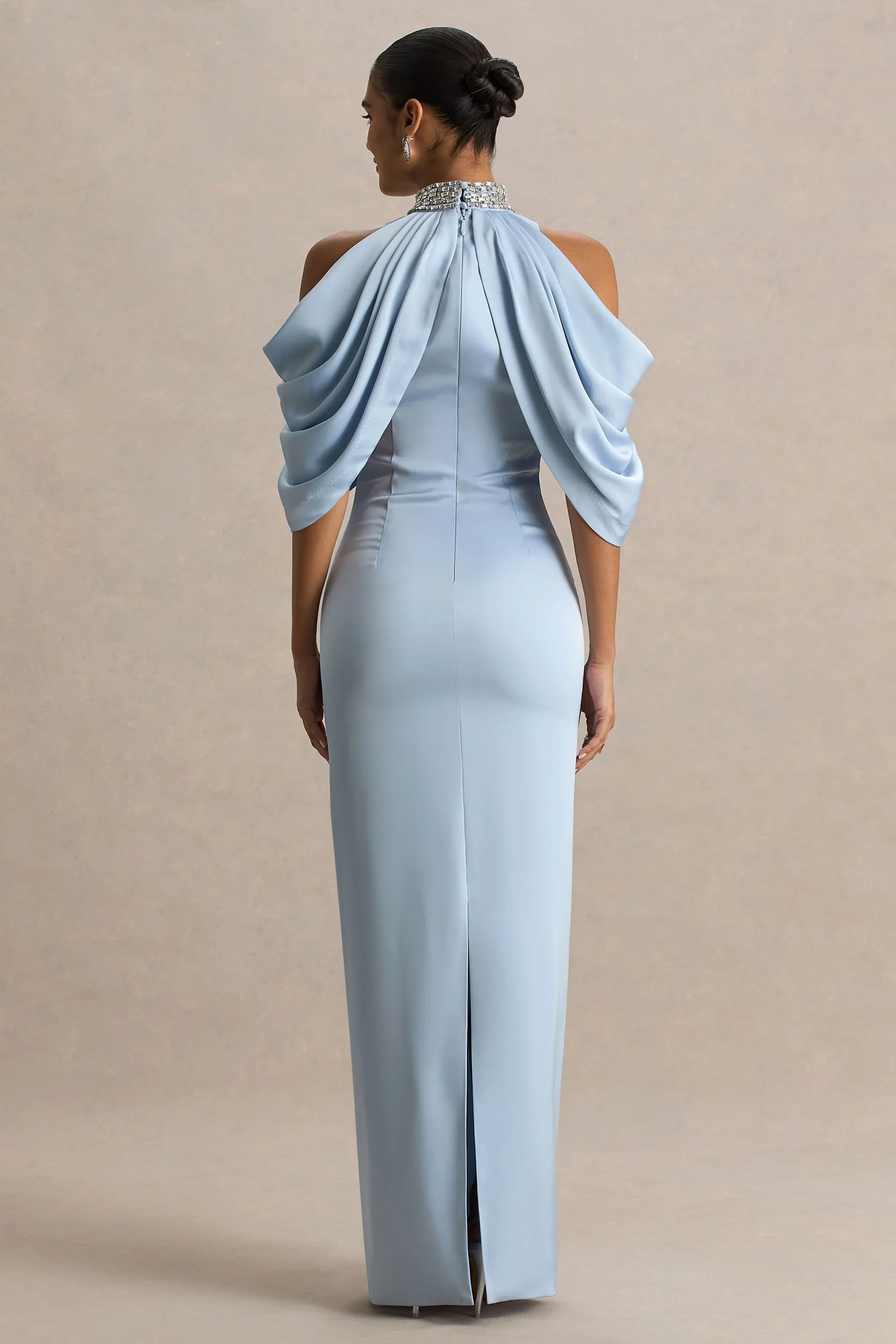 Sulliana Powder Blue Satin High Neck Maxi Dress With Embellished Detail And Cape Sleeves