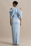 Sulliana Powder Blue Satin High Neck Maxi Dress With Embellished Detail And Cape Sleeves