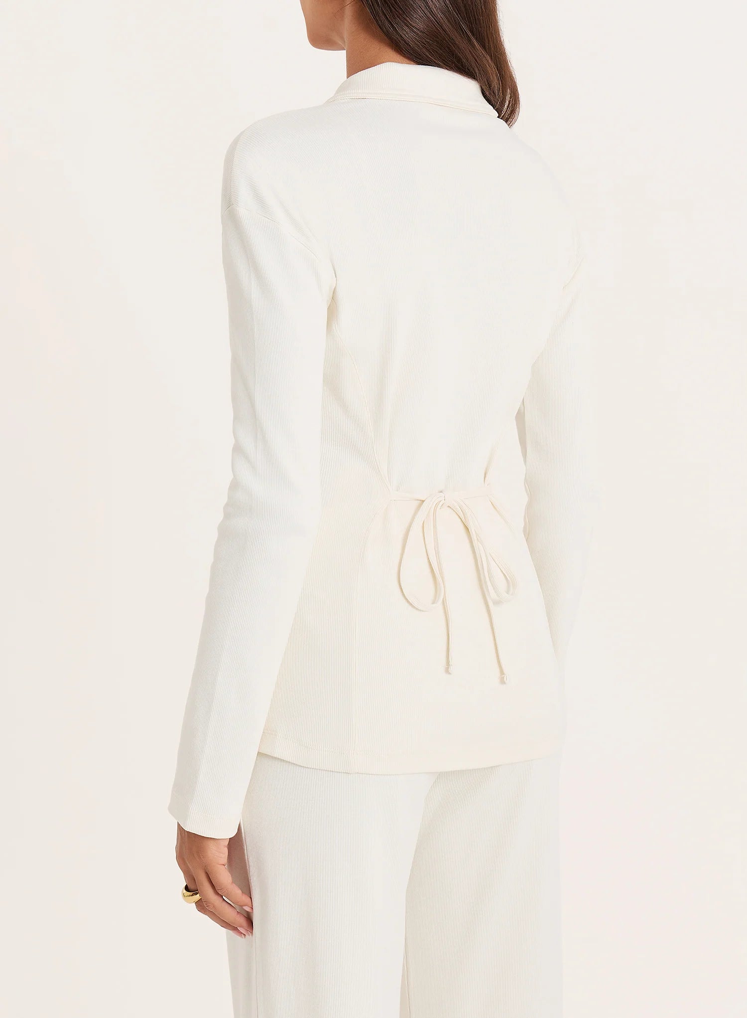 Cream Ribbed Button Long Sleeve Top