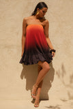 Tropical Orange Ombre Satin Mini Dress With Ruffle Hem