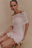 Caspian Slinky And Mesh Off Shoulder Mini Dress Pale Pink