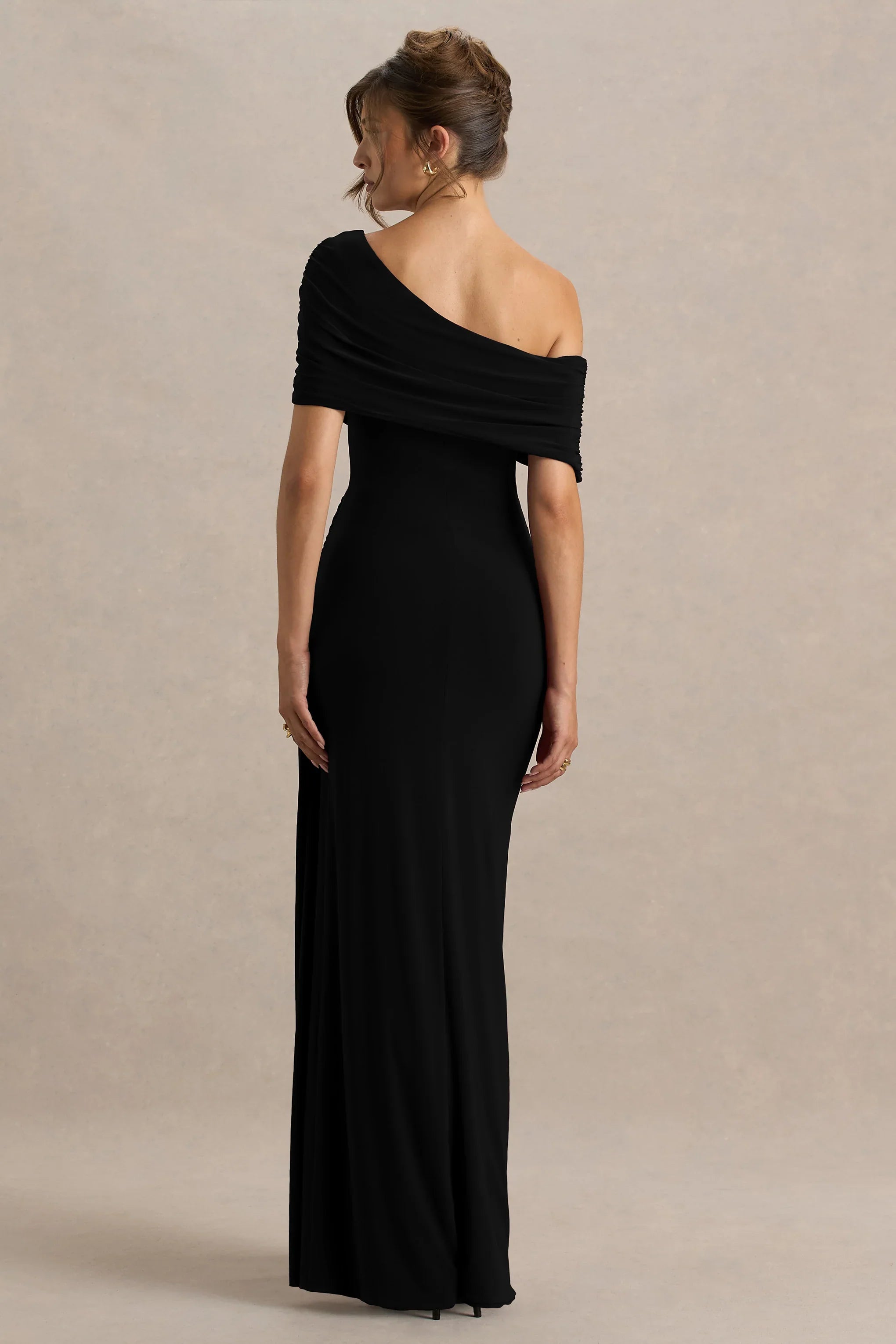 Dynasty Black Asymmetric Neck Maxi Dress With Ruched Detailing And Front High Split