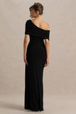 Dynasty Black Asymmetric Neck Maxi Dress With Ruched Detailing And Front High Split