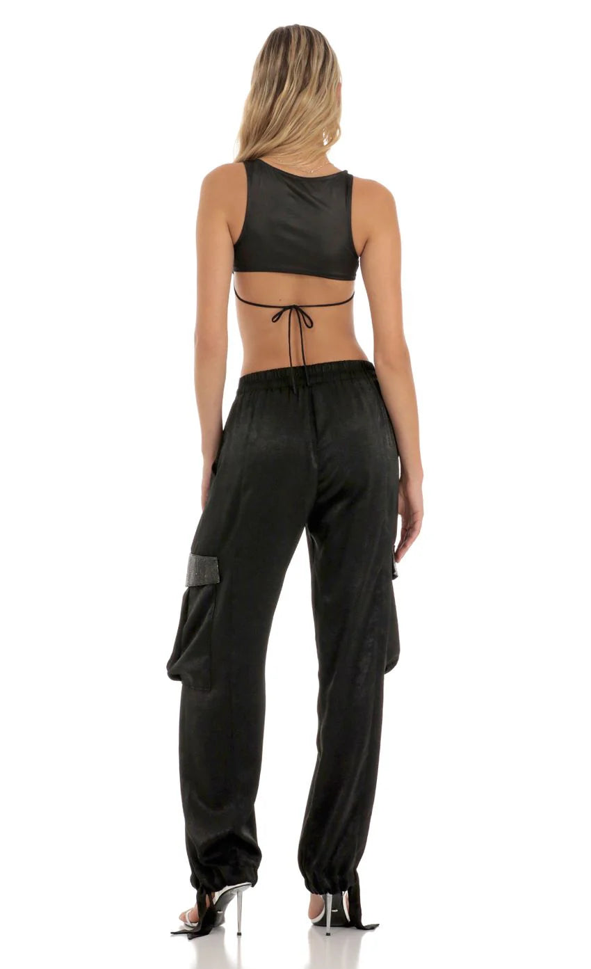 Rhinestone Satin Pants in Black