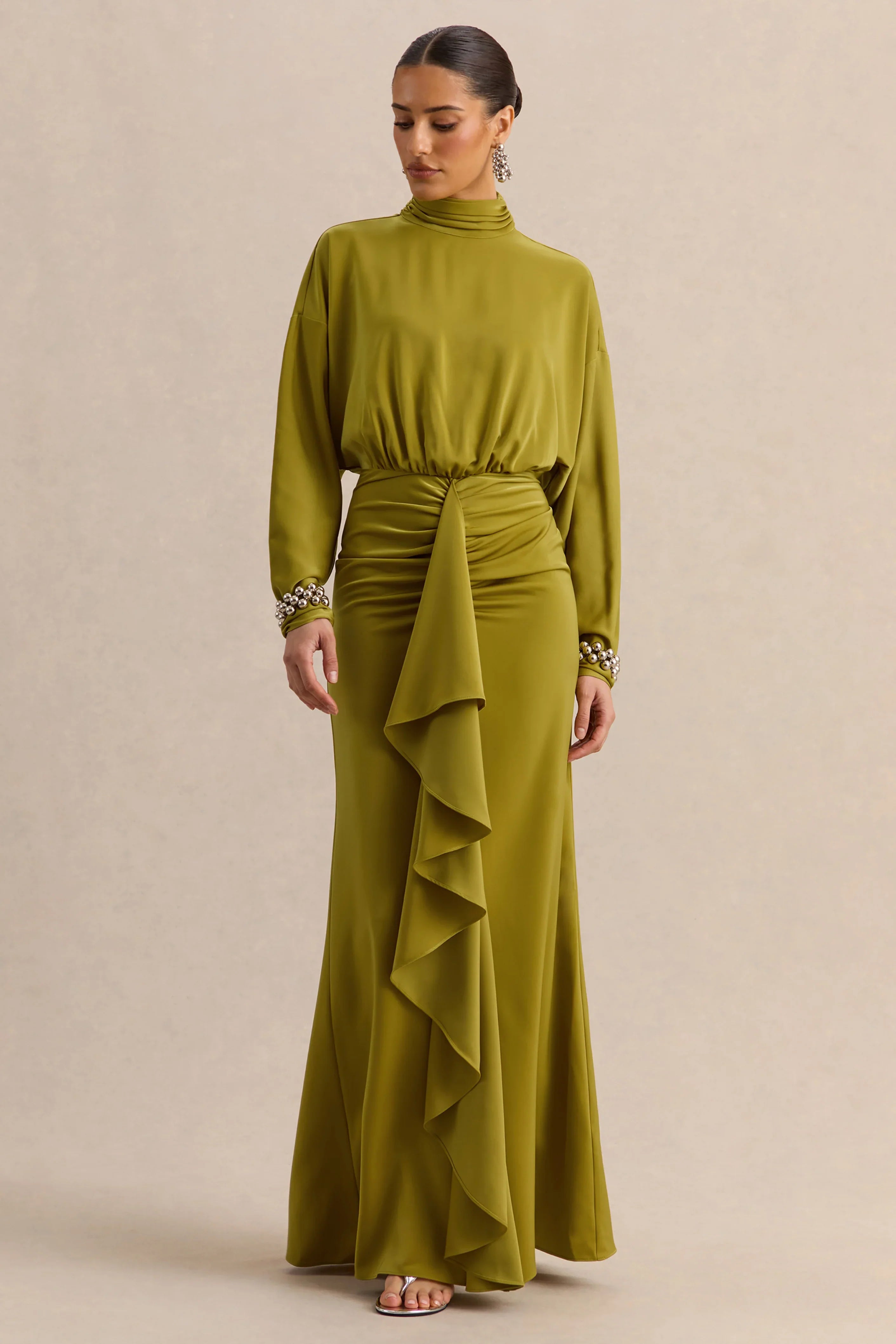 Perla Olive High Neck Maxi Dress With Gathered Detailing