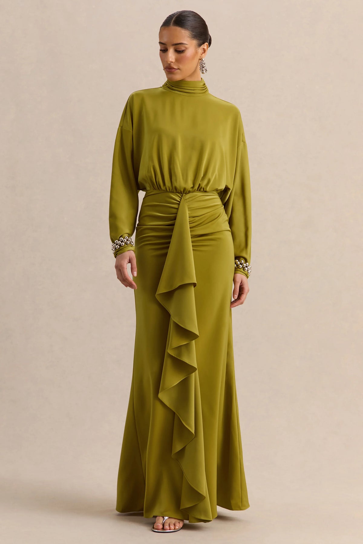 Perla Olive High Neck Maxi Dress With Gathered Detailing