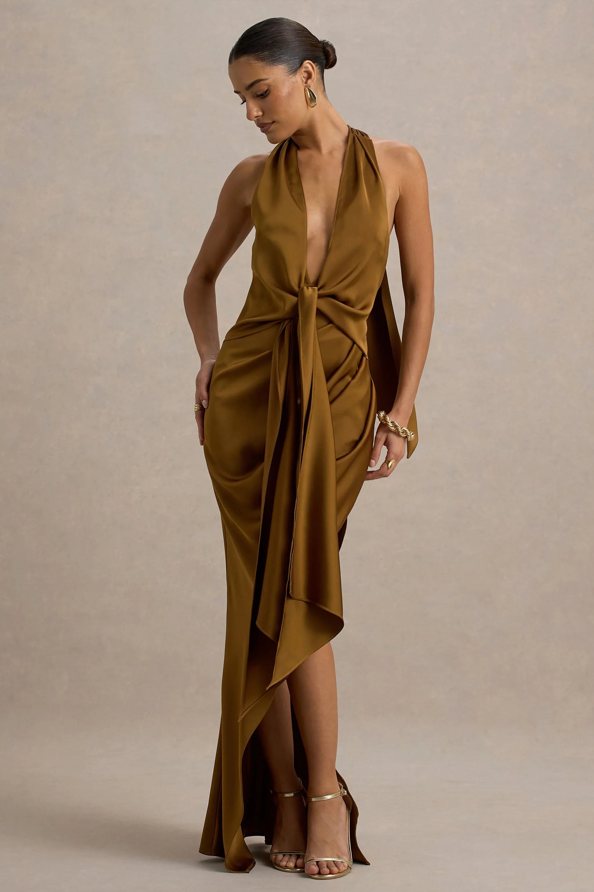 Lynette Olive Satin Plunge Neck Maxi Dress With Asymmetric Hem