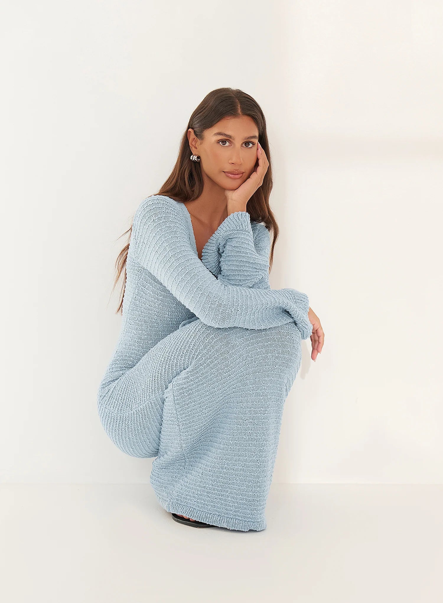 Blue Knitted Tie Front Maxi Dress