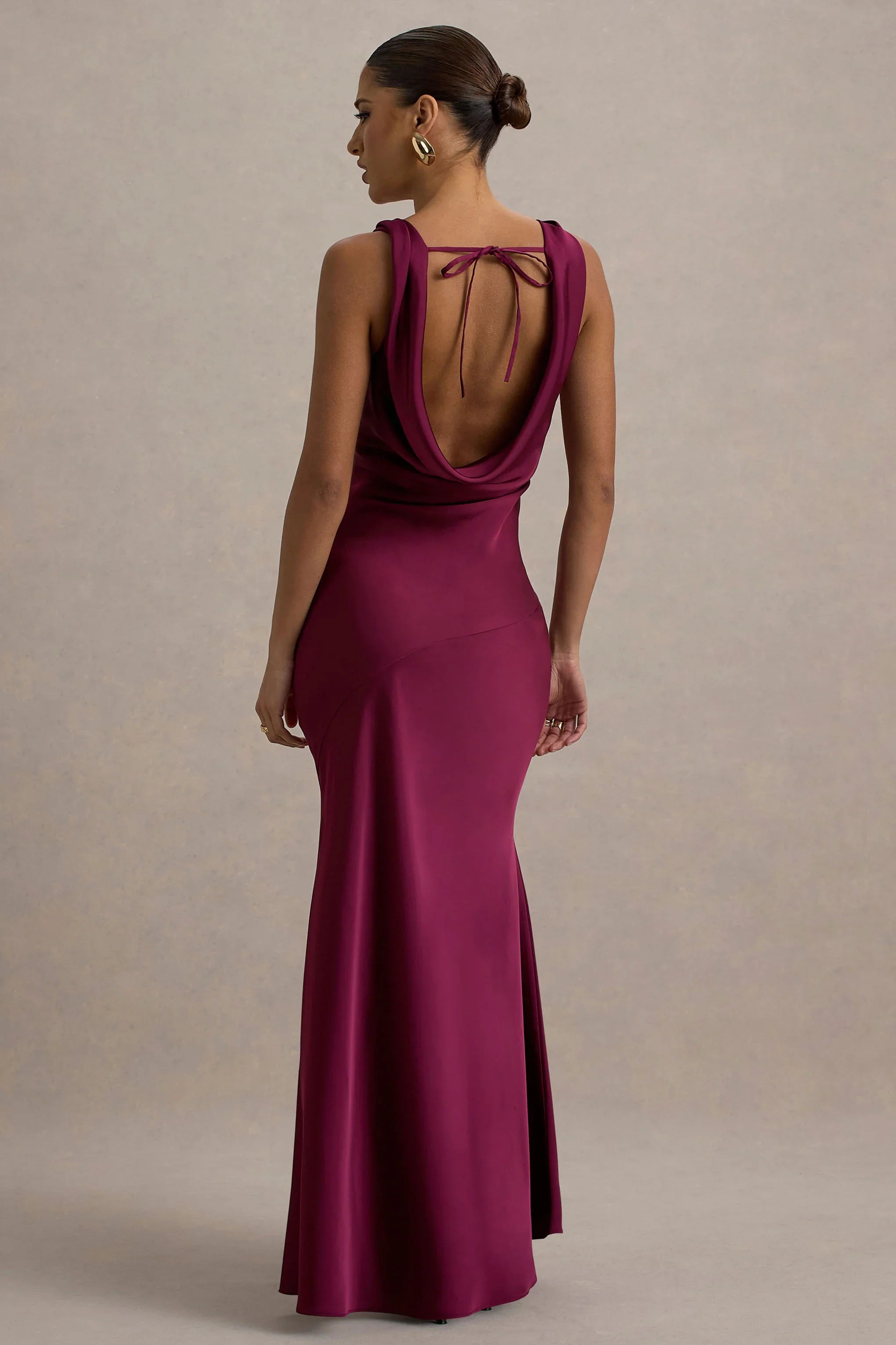 Alesso Burgundy Satin Cowl Neck Slip Maxi Dress