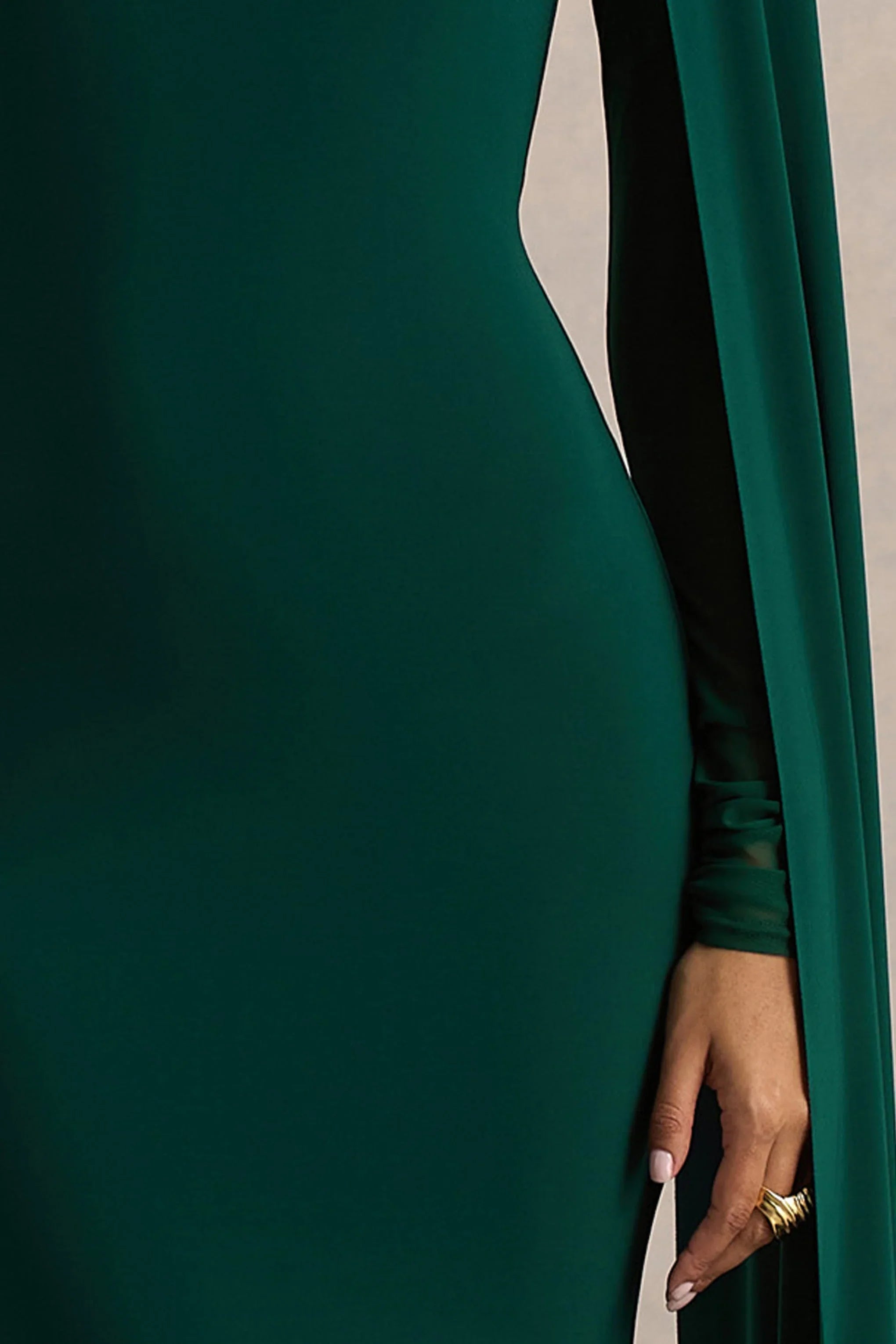 Isla Bottle Green Crew Neck Maxi Dress With Cape Sleeve