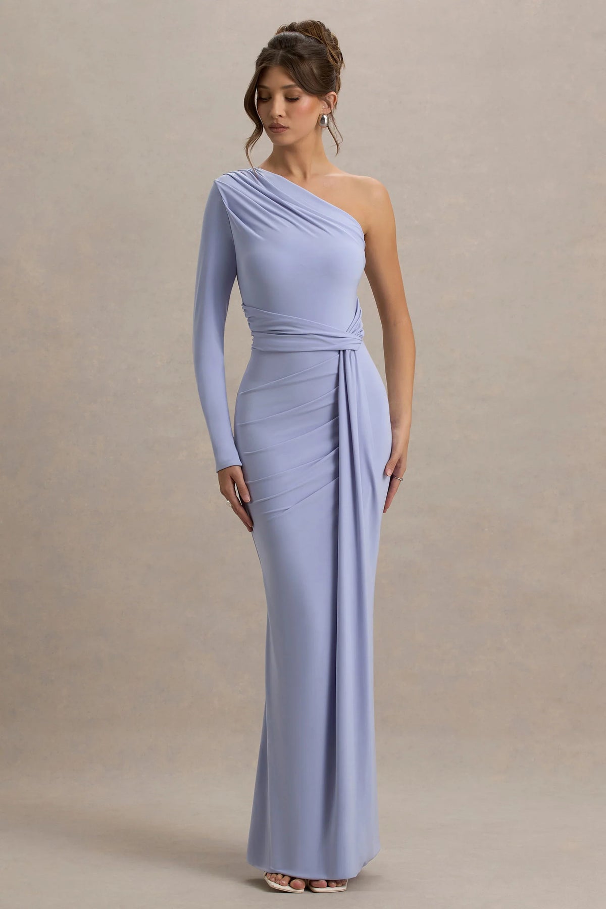 Sanya Pale Blue Asymmetric One Sleeve Wrap Maxi Dress with Drape