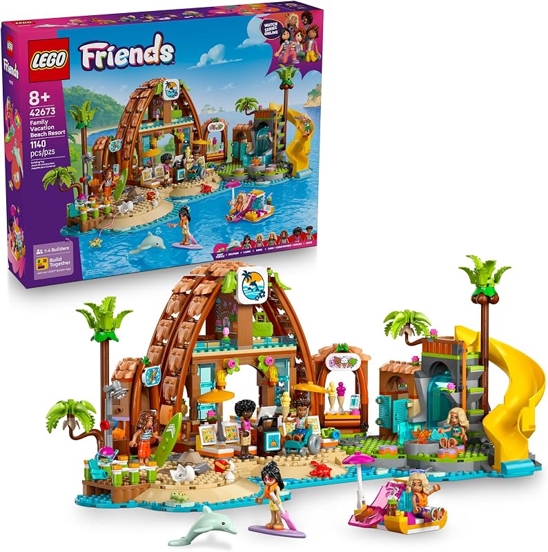 LEGO Friends Family Vacation Beach Resort Pretend Play Building Toy Adventure Storytelling Playset with Dolphin Toys and Sea Turtles Creative Birthday Gift Idea for Girls Boys 8 42673