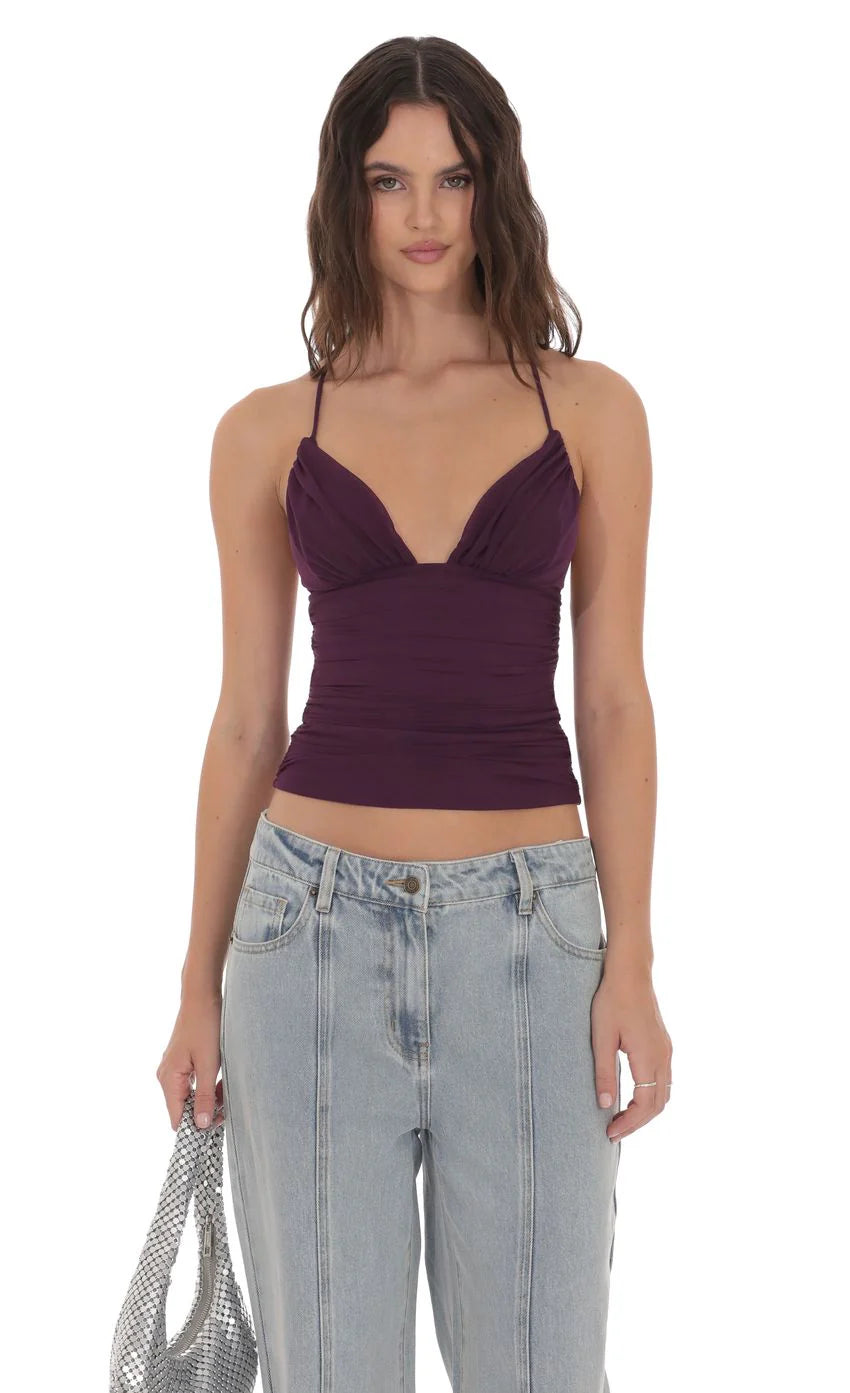 Mesh V Neck Top in Purple