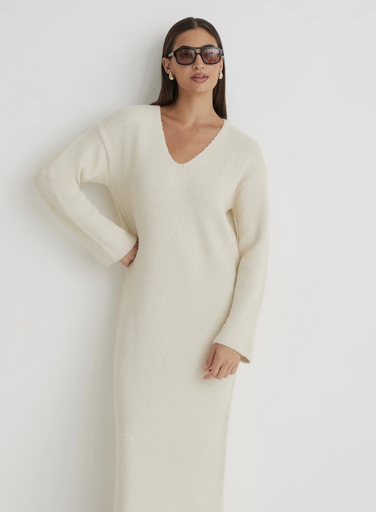Cream V Neck Knitted Maxi Dress