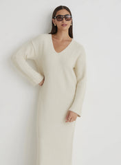 Cream V Neck Knitted Maxi Dress