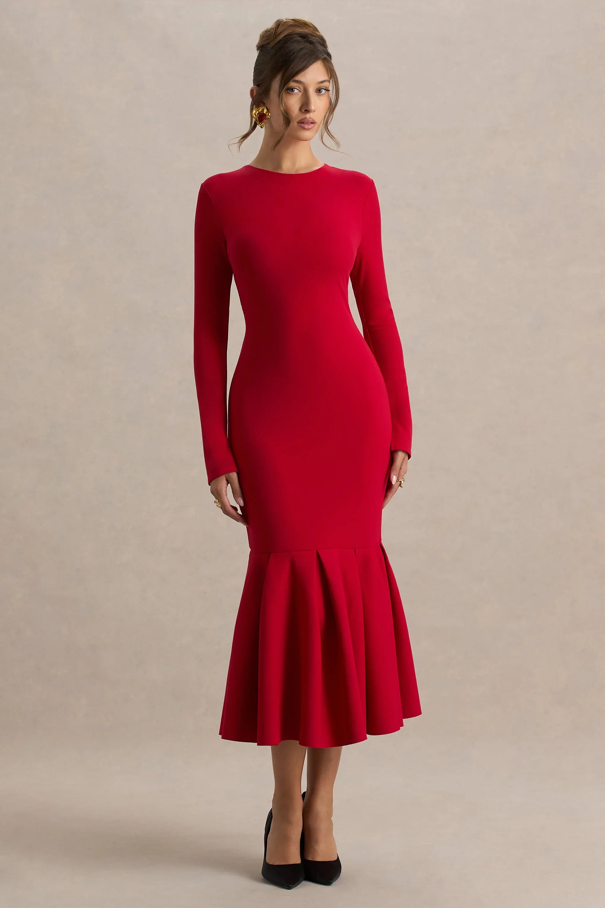 Liberty Red High Neck Mermaid Midi Dress With Ruffling Detail