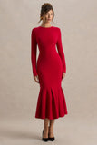 Liberty Red High Neck Mermaid Midi Dress With Ruffling Detail