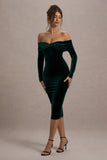 Compliment Bottle Green Velvet Bardot Midi Dress