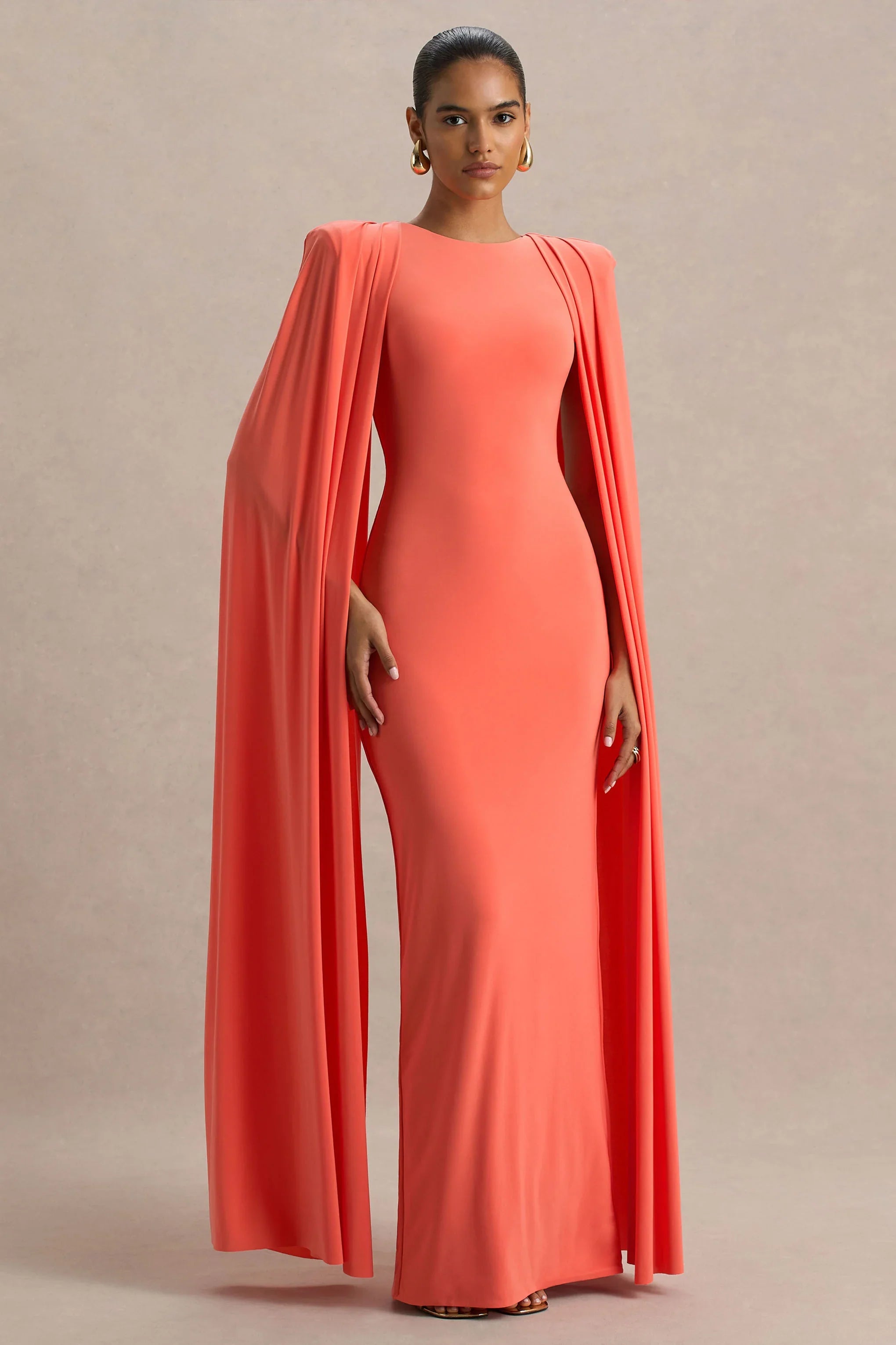 Mimi Coral High Neck Maxi Dress With Cape Sleeve Detail