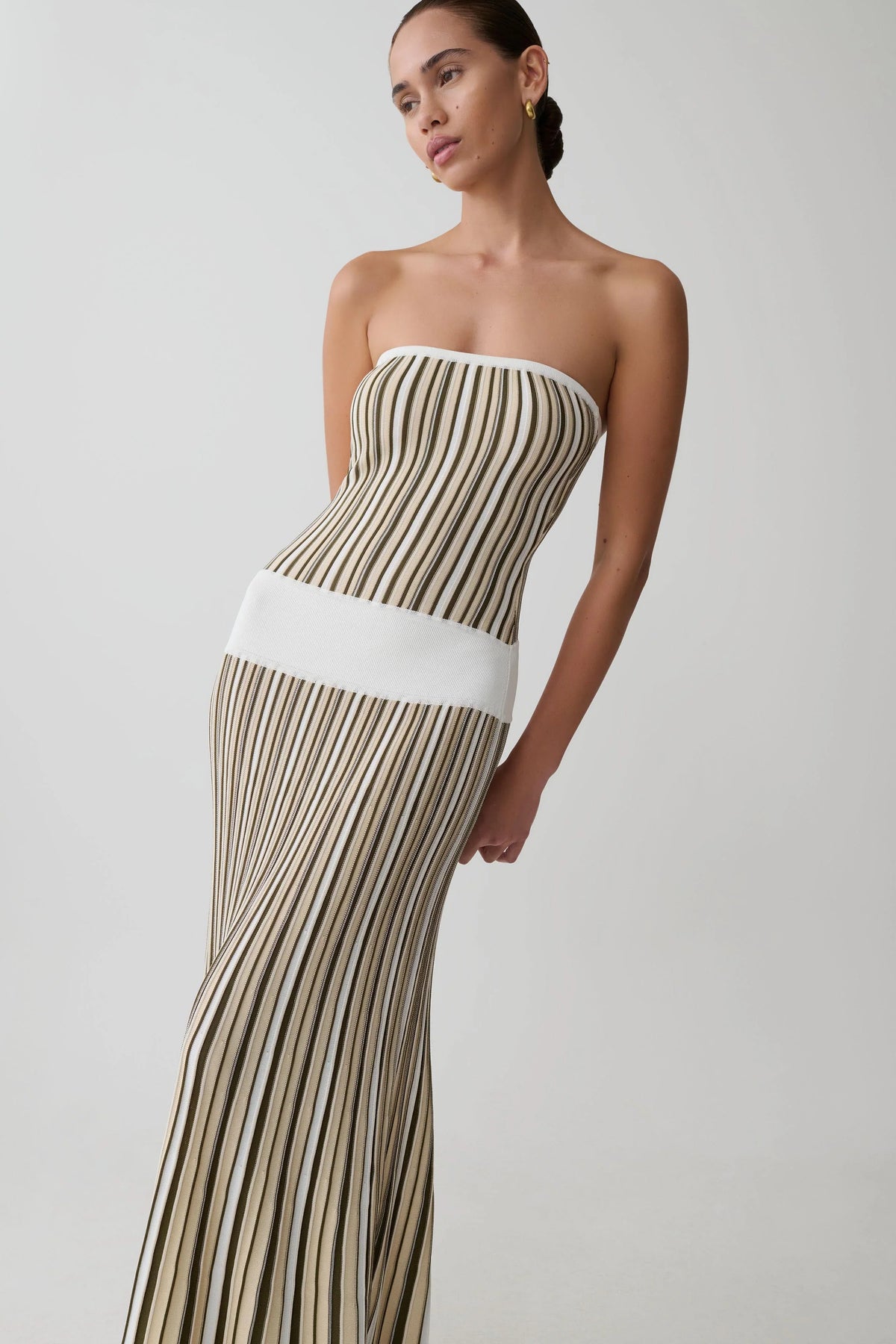 Joyce Stripe Maxi Knit Dress Khaki Ivory
