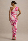 Dalarie Pink and Orange Floral Print One Shoulder Gathered Maxi Dress
