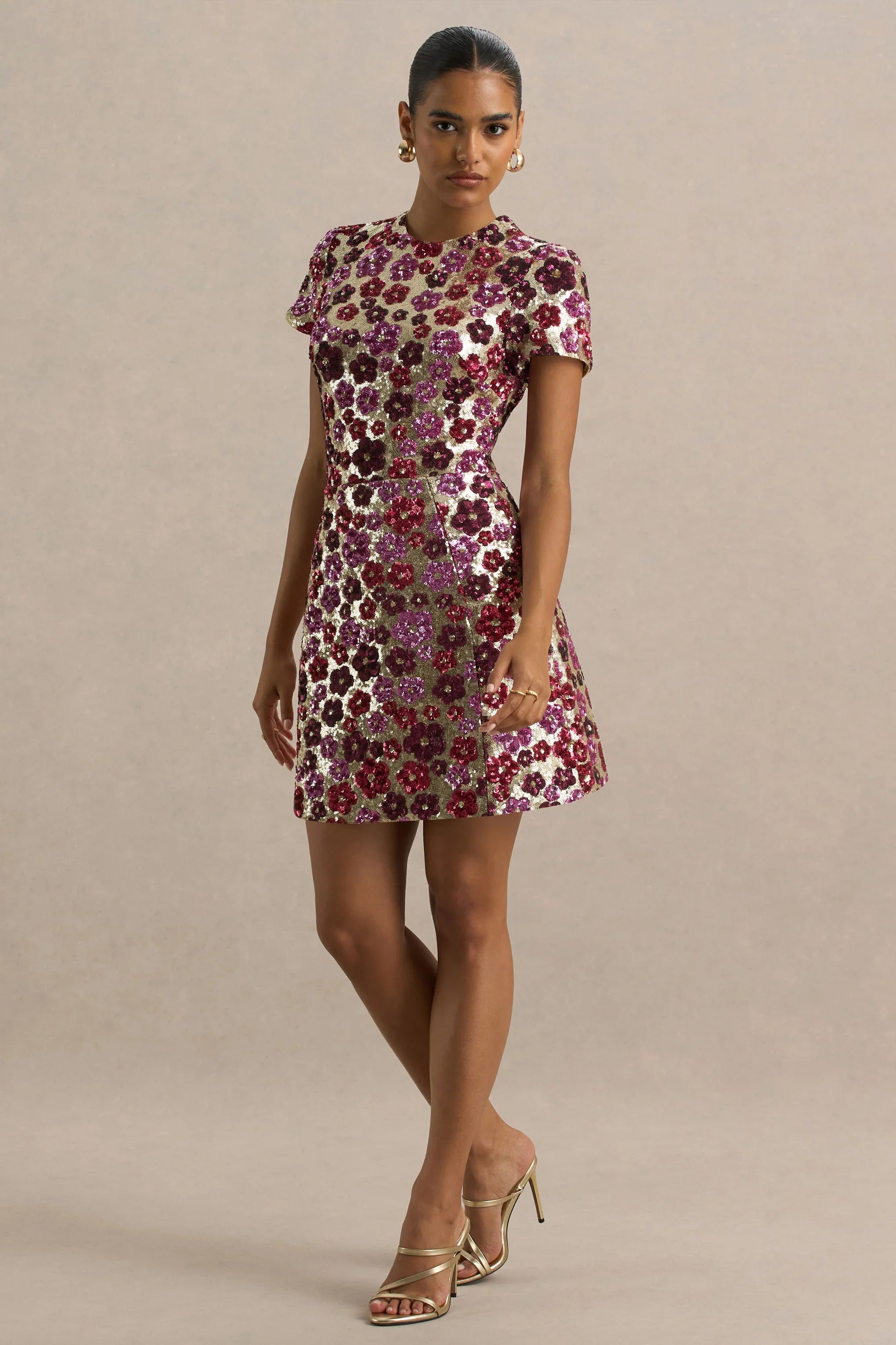 Eira Pink Floral Embellished Sequin Crew Neck Mini Dress