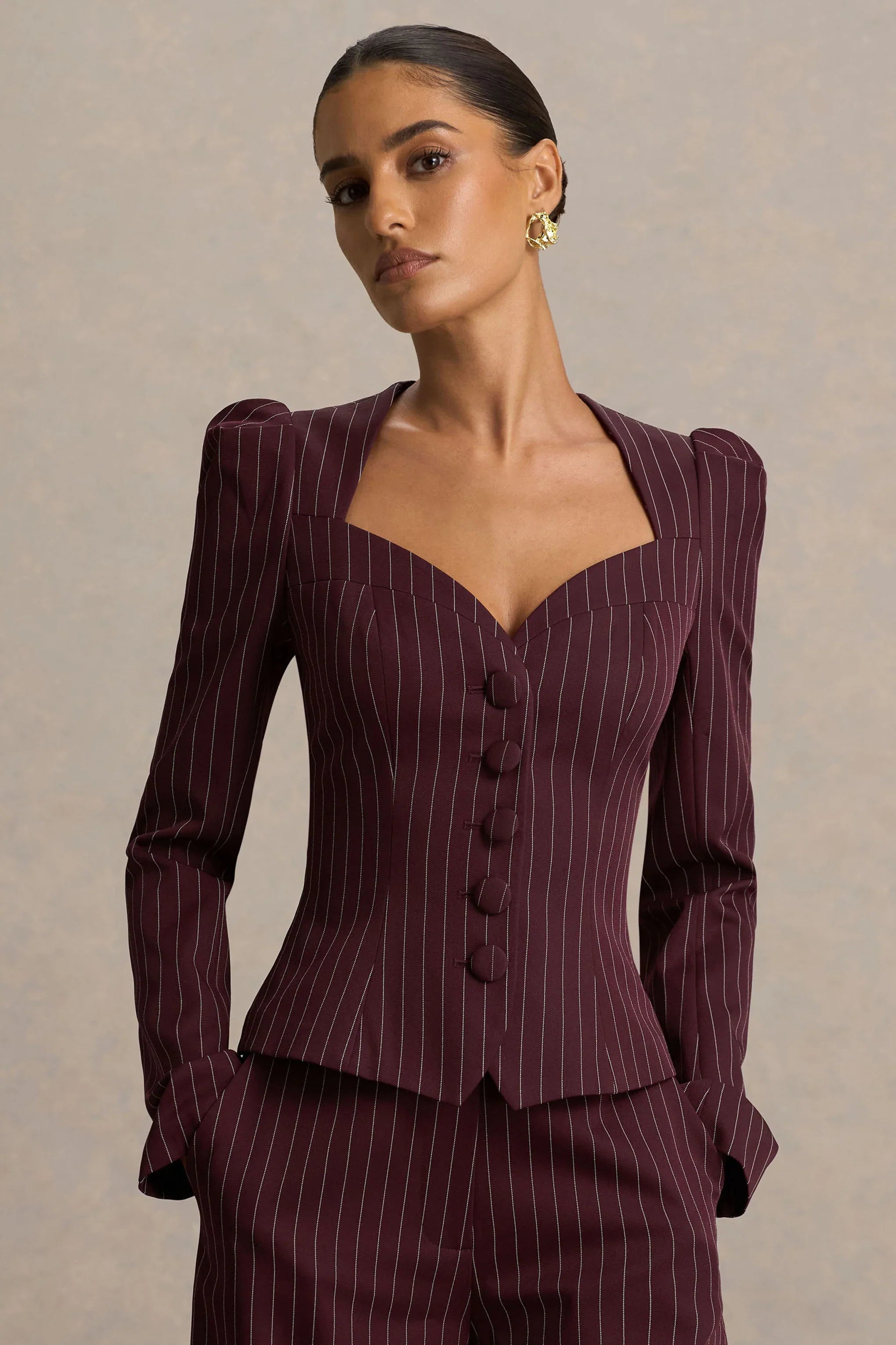 Lana Burgundy Pinstripe Woven Sweetheart Neck Tailored Top