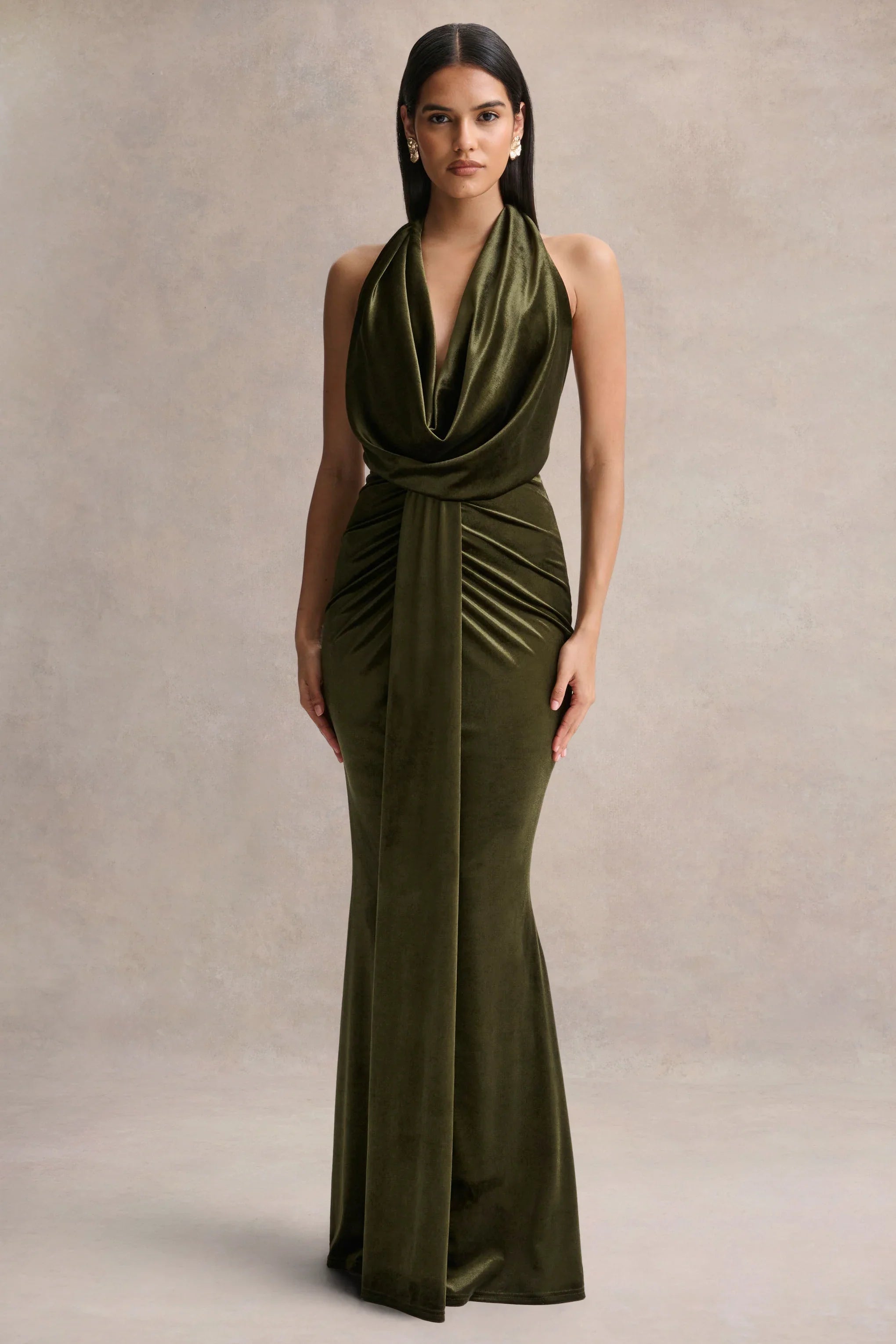 Lavernia Olive Velvet Halter Neck Maxi Dress With Gathered Detailing