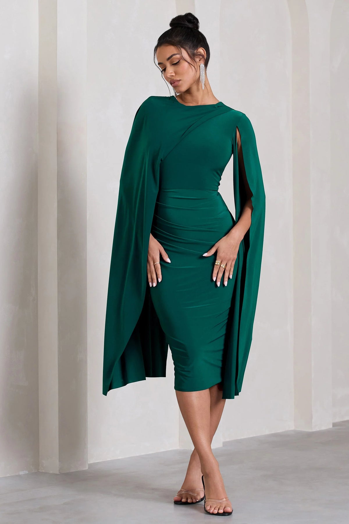 Marysol Bottle Green Asymmetric Cape Midi Dress