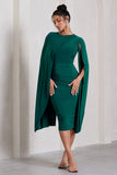Marysol Bottle Green Asymmetric Cape Midi Dress