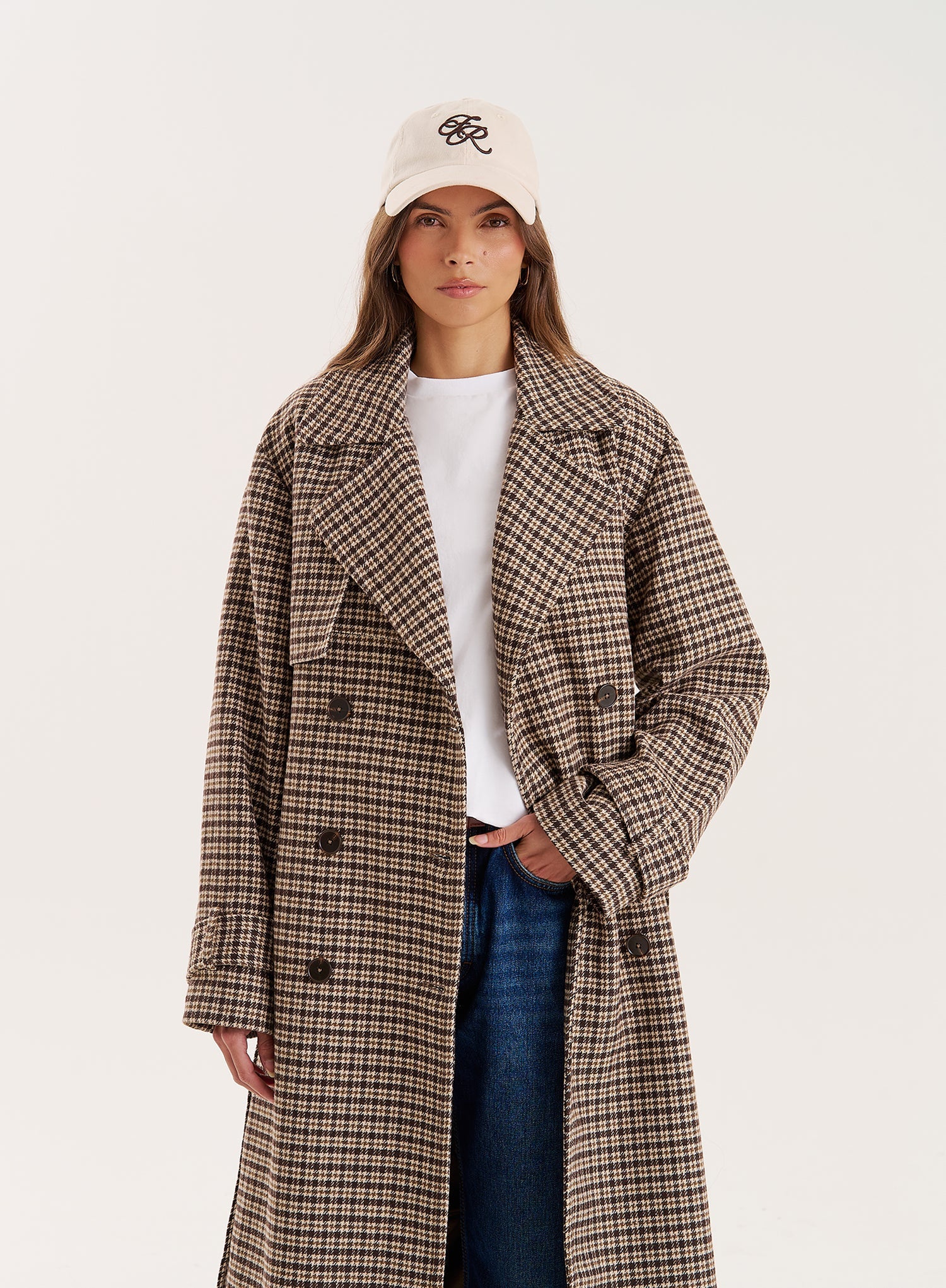 Brown Checked Belted Wool Blend Trench Coat