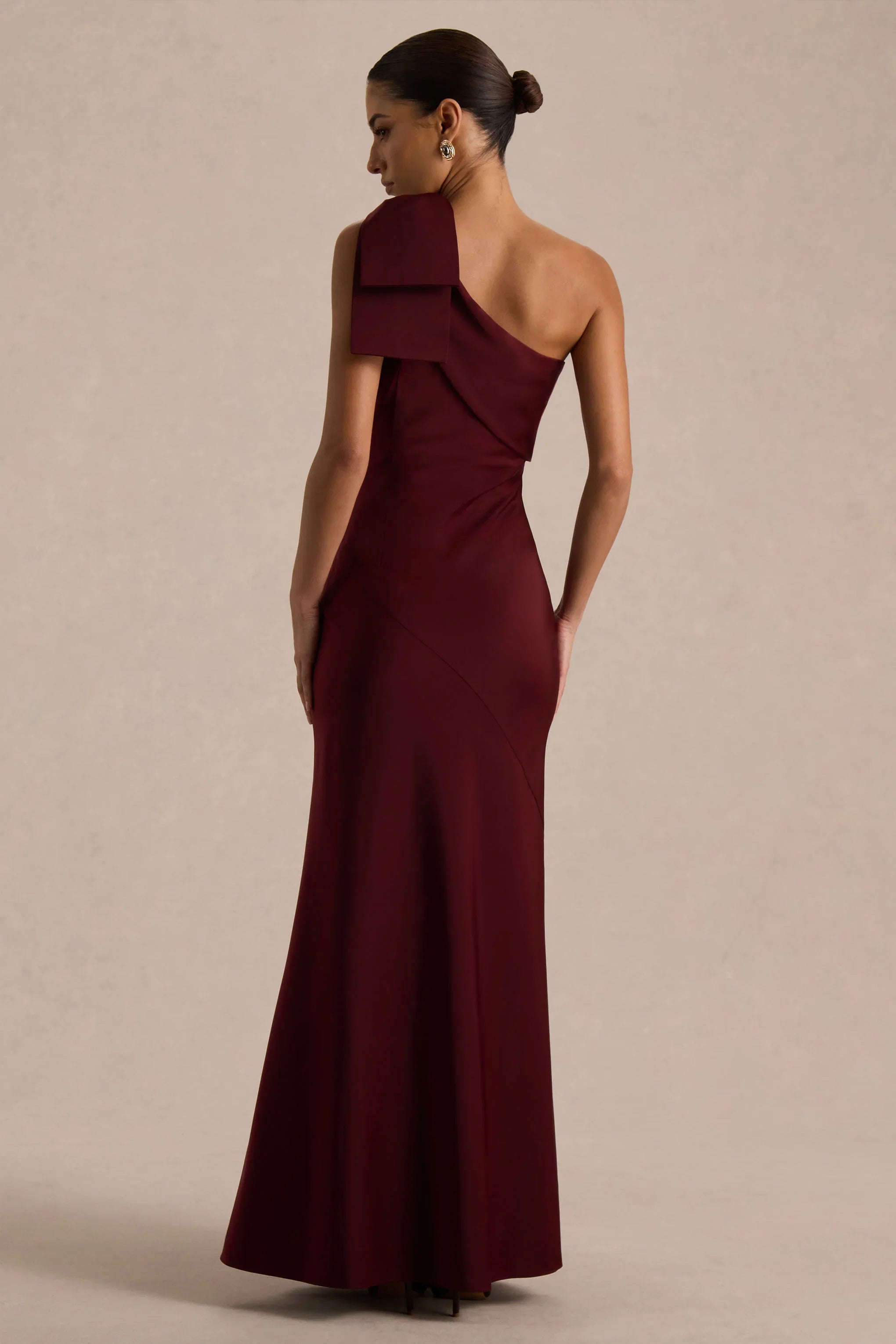 Josephine Burgundy Matte Satin Asymmetric Neck Maxi Dress With Bow Detail