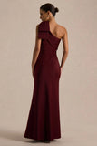 Josephine Burgundy Matte Satin Asymmetric Neck Maxi Dress With Bow Detail