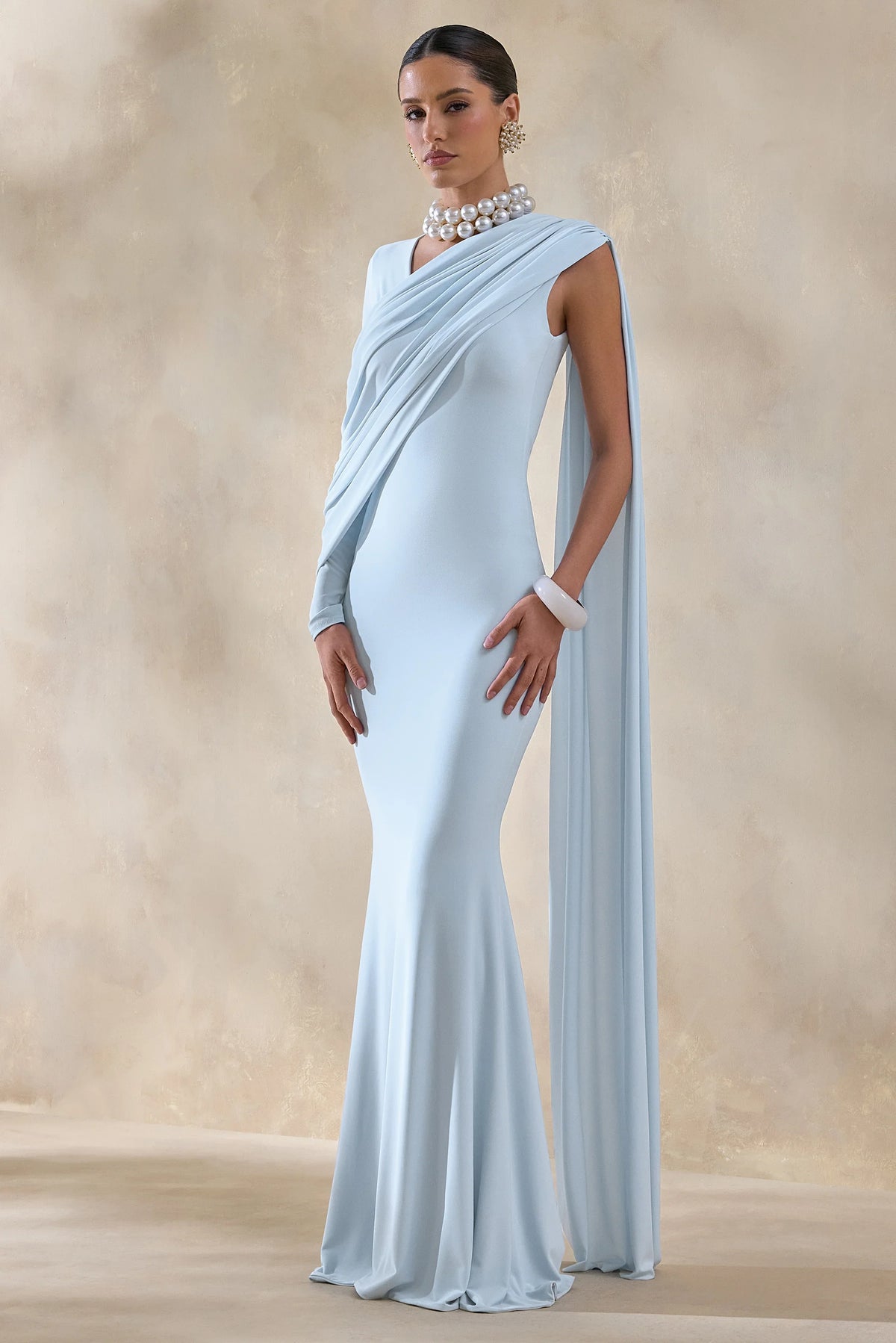 Rubelle Powder Blue Asymmetric Neck Maxi Dress With Draped Detailing