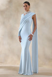 Rubelle Powder Blue Asymmetric Neck Maxi Dress With Draped Detailing