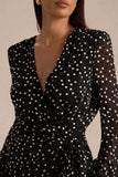 Mela Black And White Polka Dot Plunge Neck Mini Dress With Bell Sleeves And Sash Detail