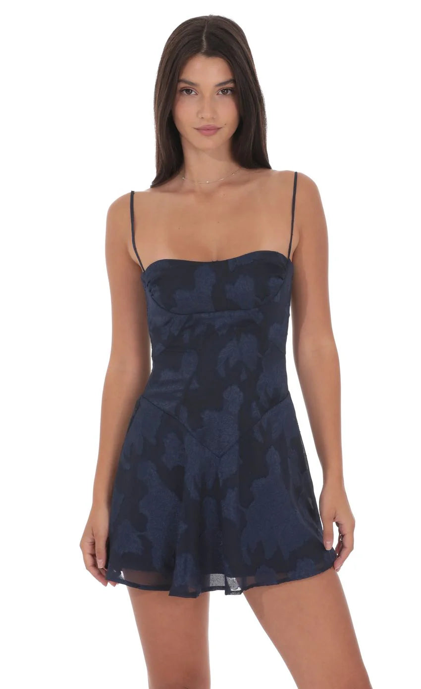 Textured Floral A line Dress in Navy