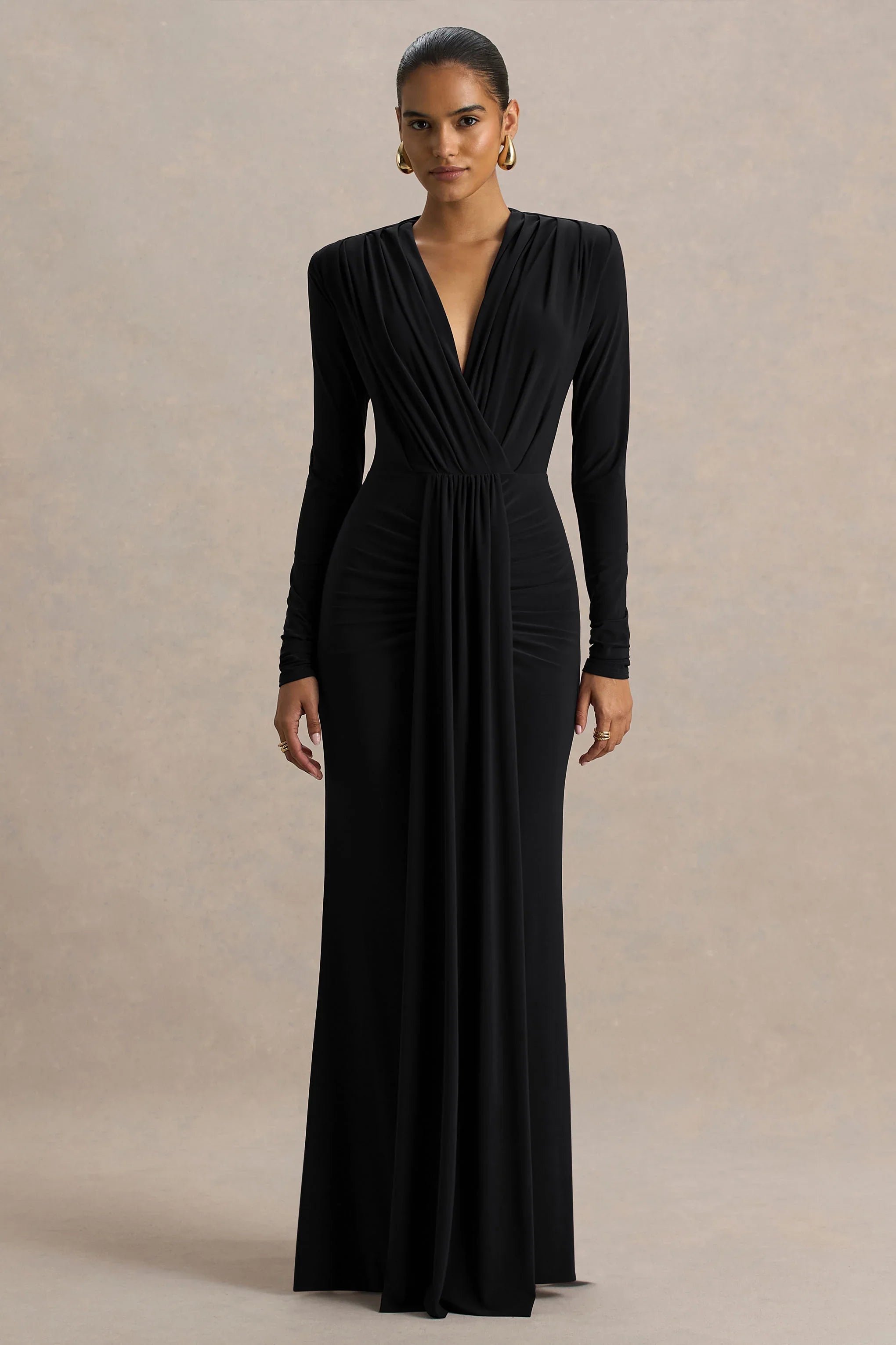 Flashy Black Plunge Neck Maxi Dress With Ruched Detailing