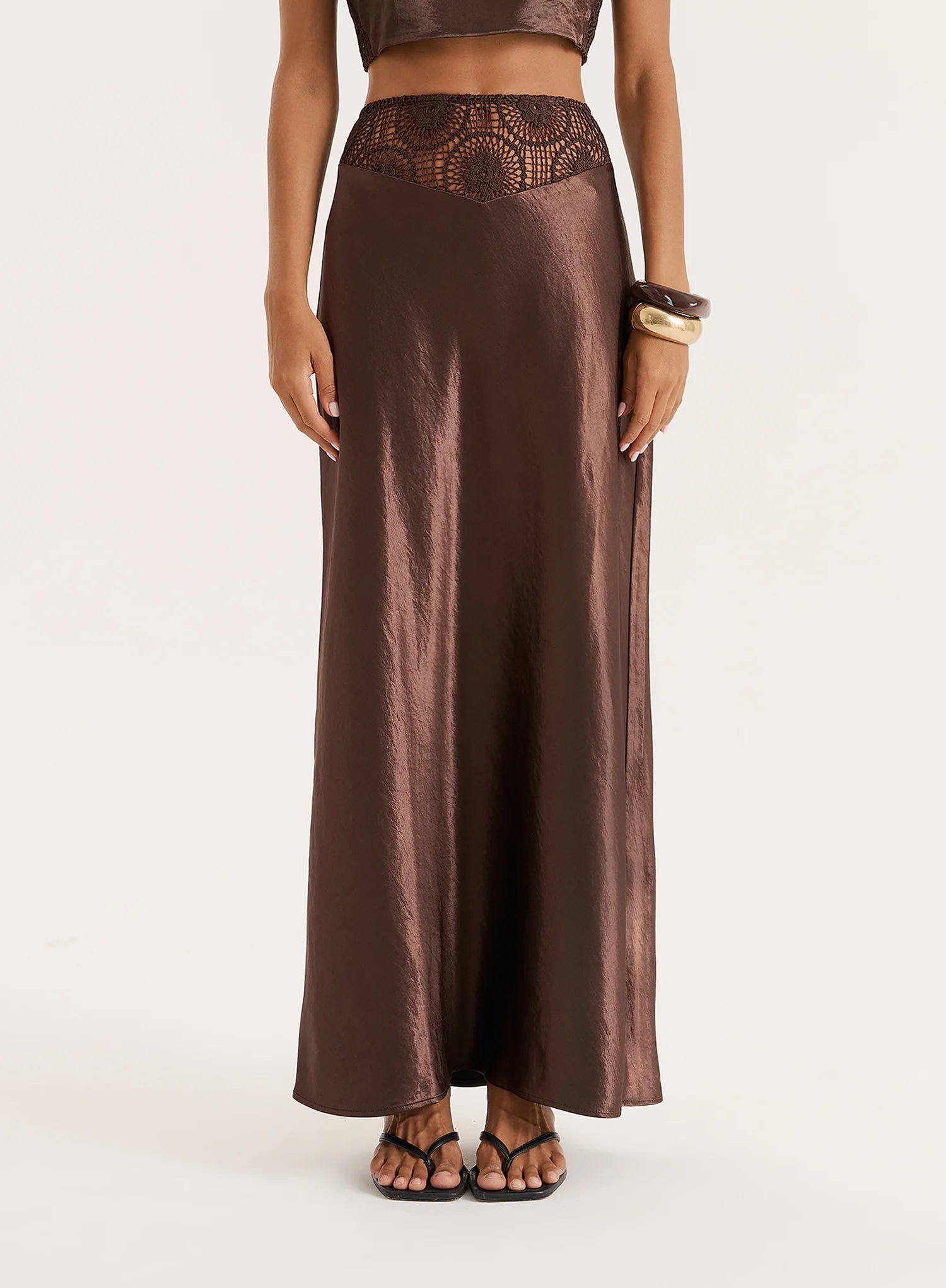 Chocolate Satin Crochet Panelled Maxi Skirt