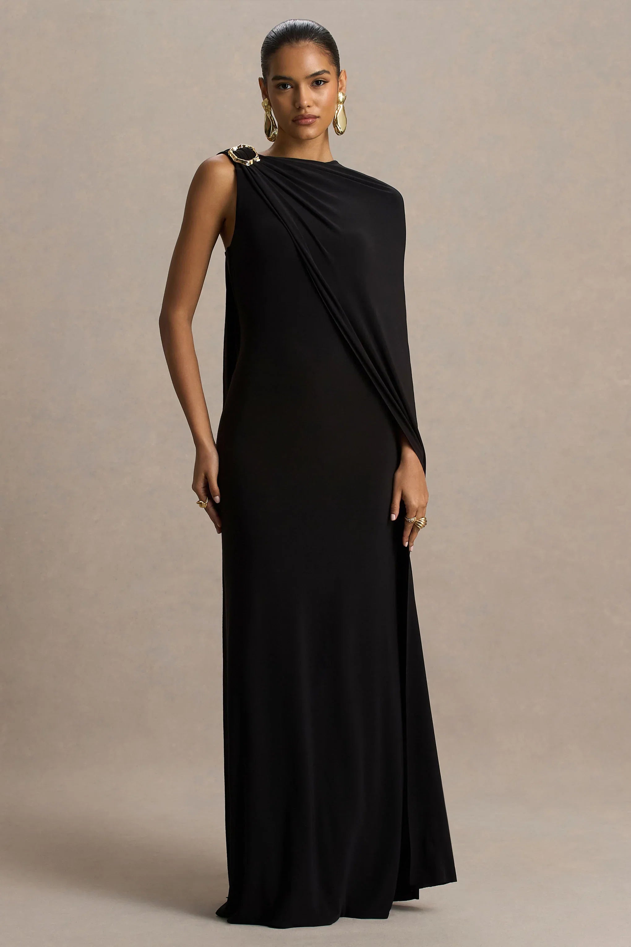 Cressida Black Asymmetric Neck Maxi Dress With Cape And Gold Detail