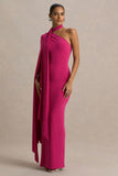 Amal Hot Pink Asymmetric Neck Maxi Dress With Scarf and Cape Detail