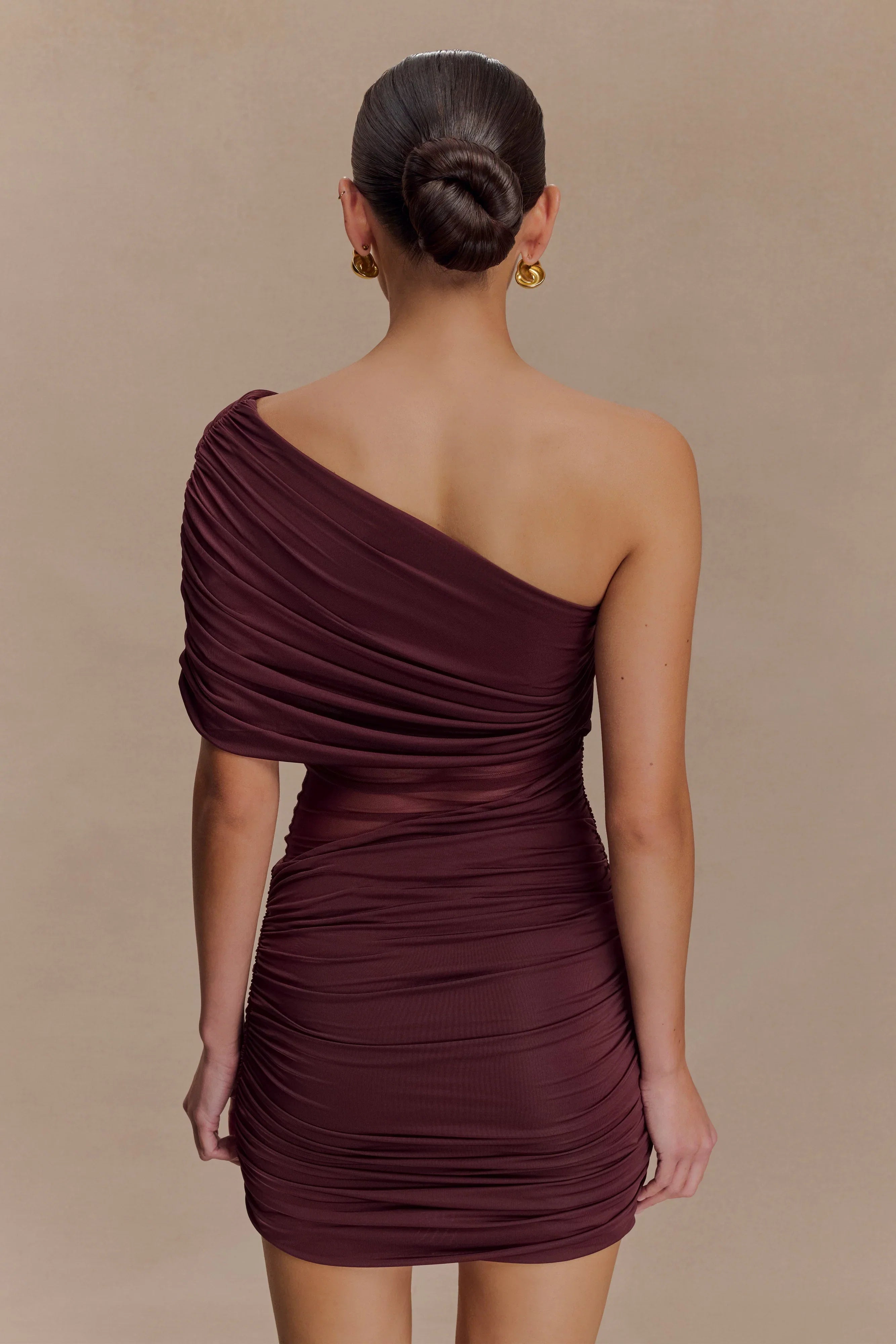 Dallas One Shoulder Mesh Mini Dress Mahogany