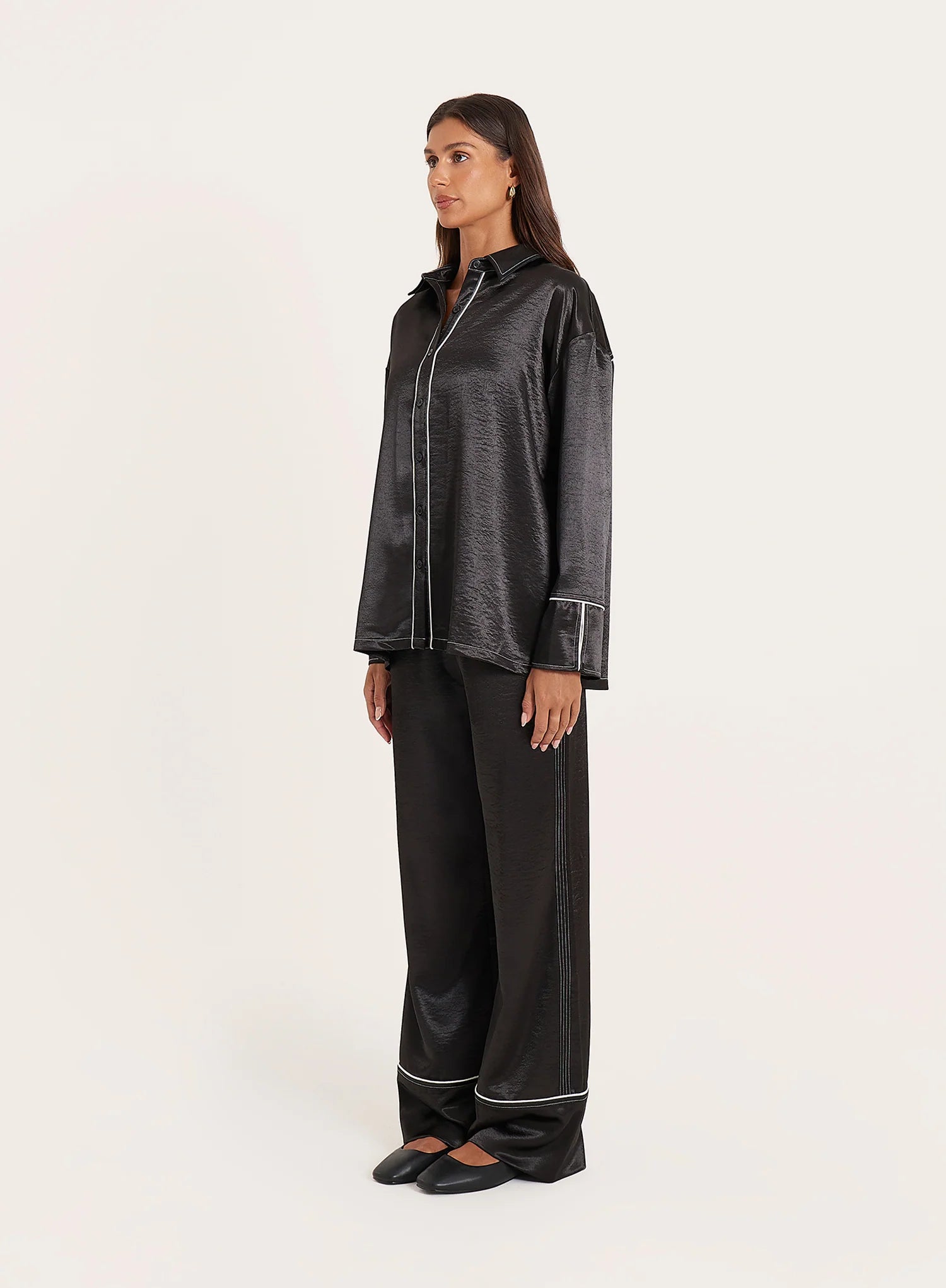 Black Satin Contrast Piping Shirt
