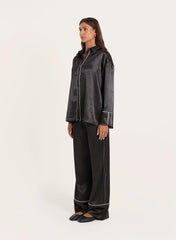Black Satin Contrast Piping Shirt