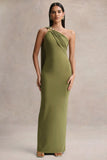 Mandy Olive Asymmetric Neck Maxi Dress With Gold Detail
