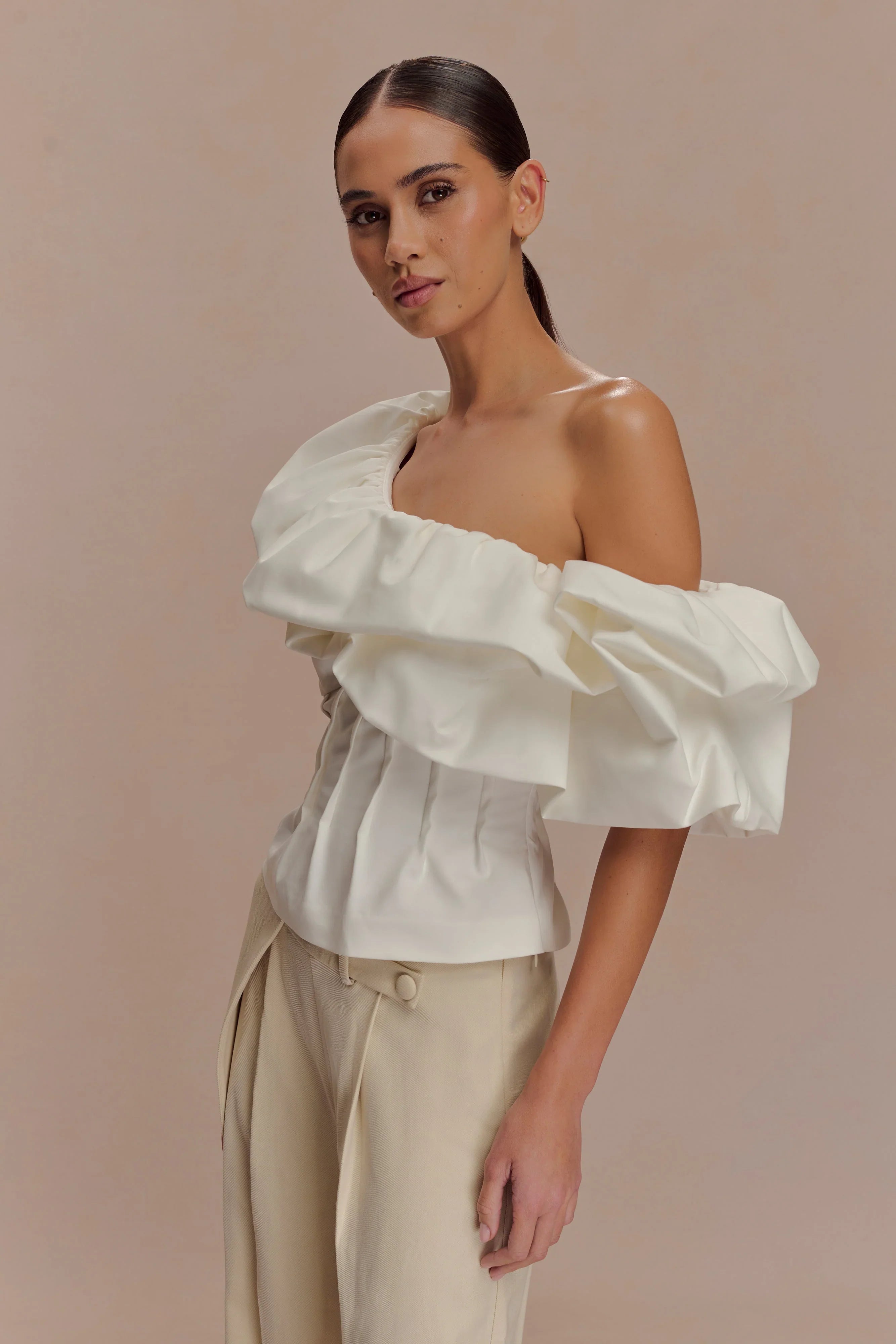 Debbie One Shoulder Bubble Top White